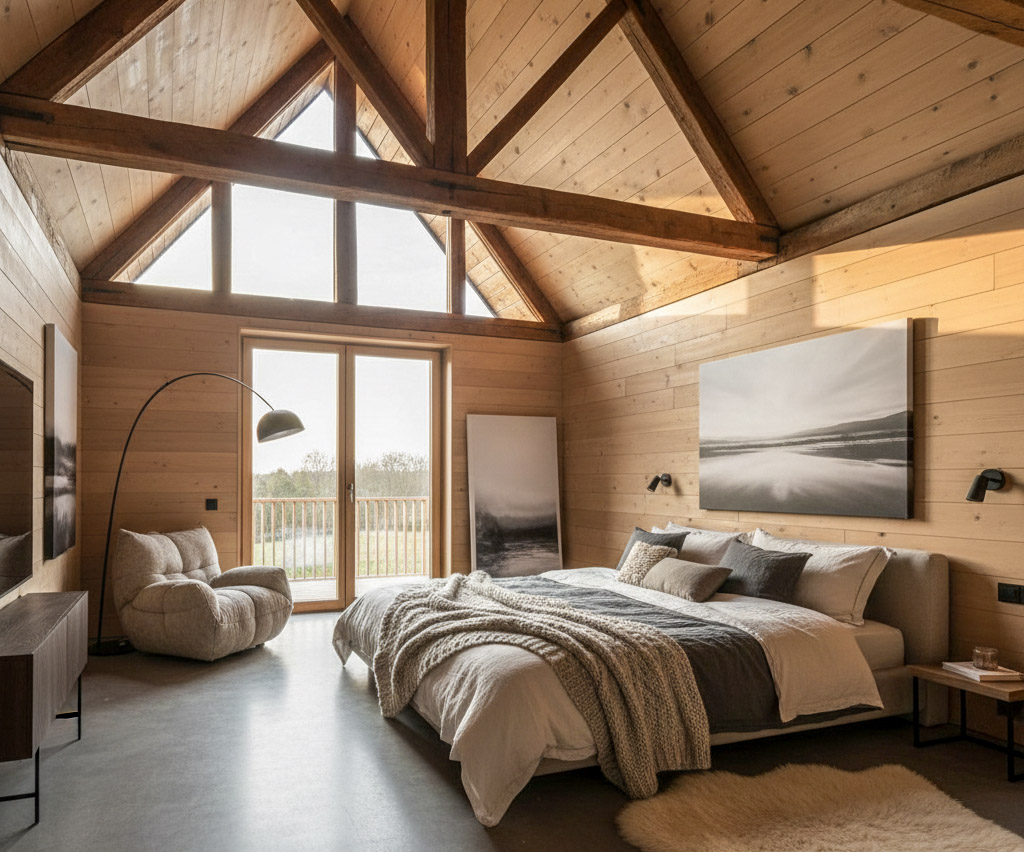 klimatyczna sypialnia w nowoczesnej drewnianej stodole